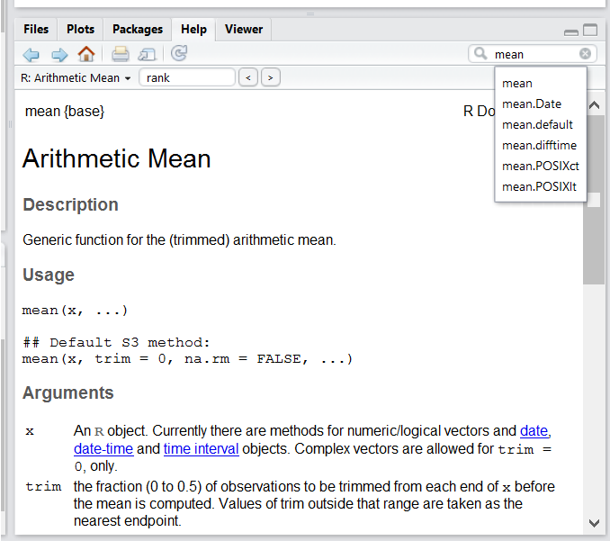 RStudio help panel. When typing a word in the search field, it will
show related suggestions.