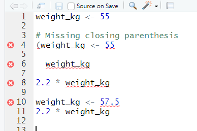 RStudio shows a red x next to a line of code that R doesn't
understand.