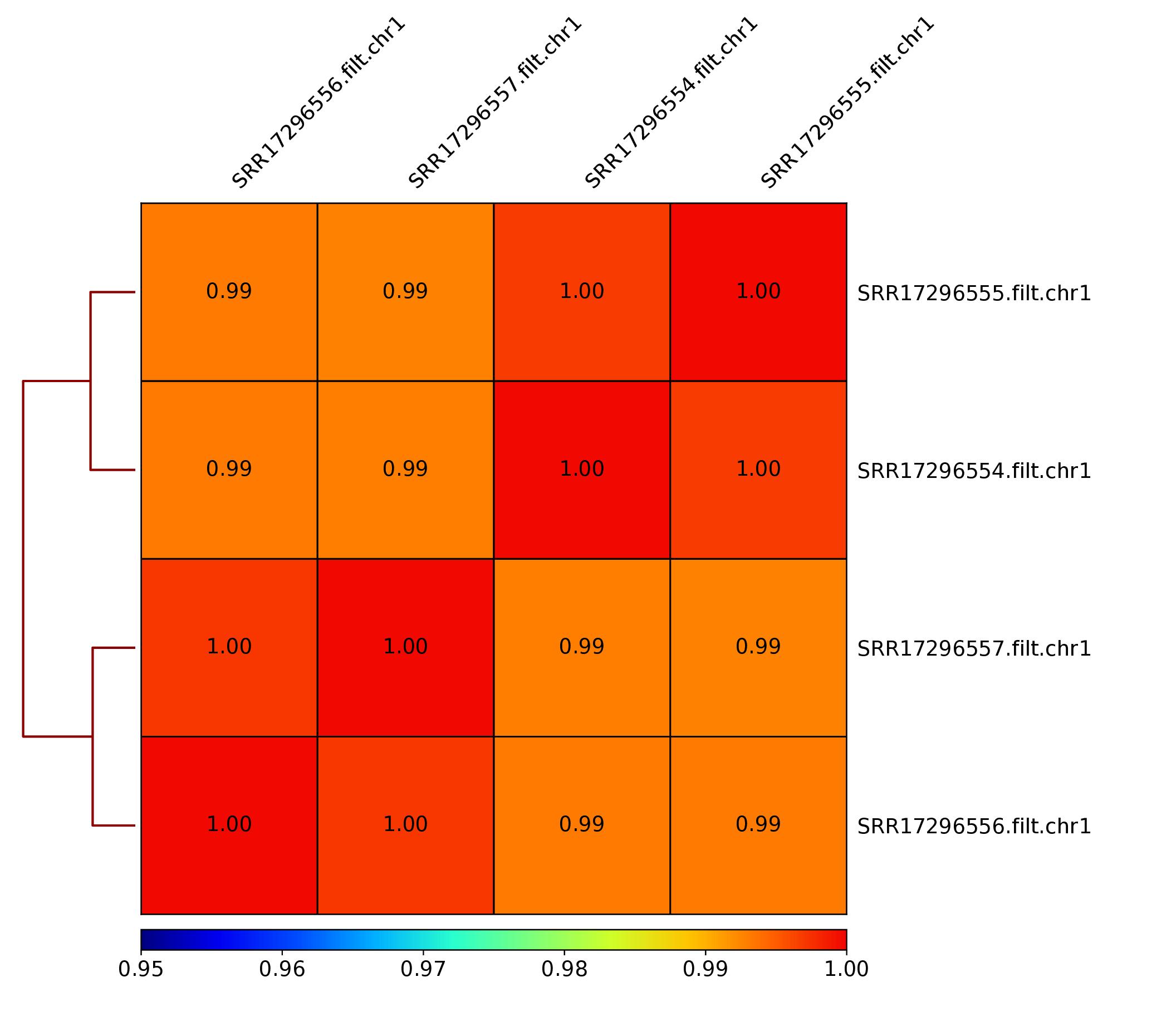 Pearson correlation, data subset to chr1, min 0.95